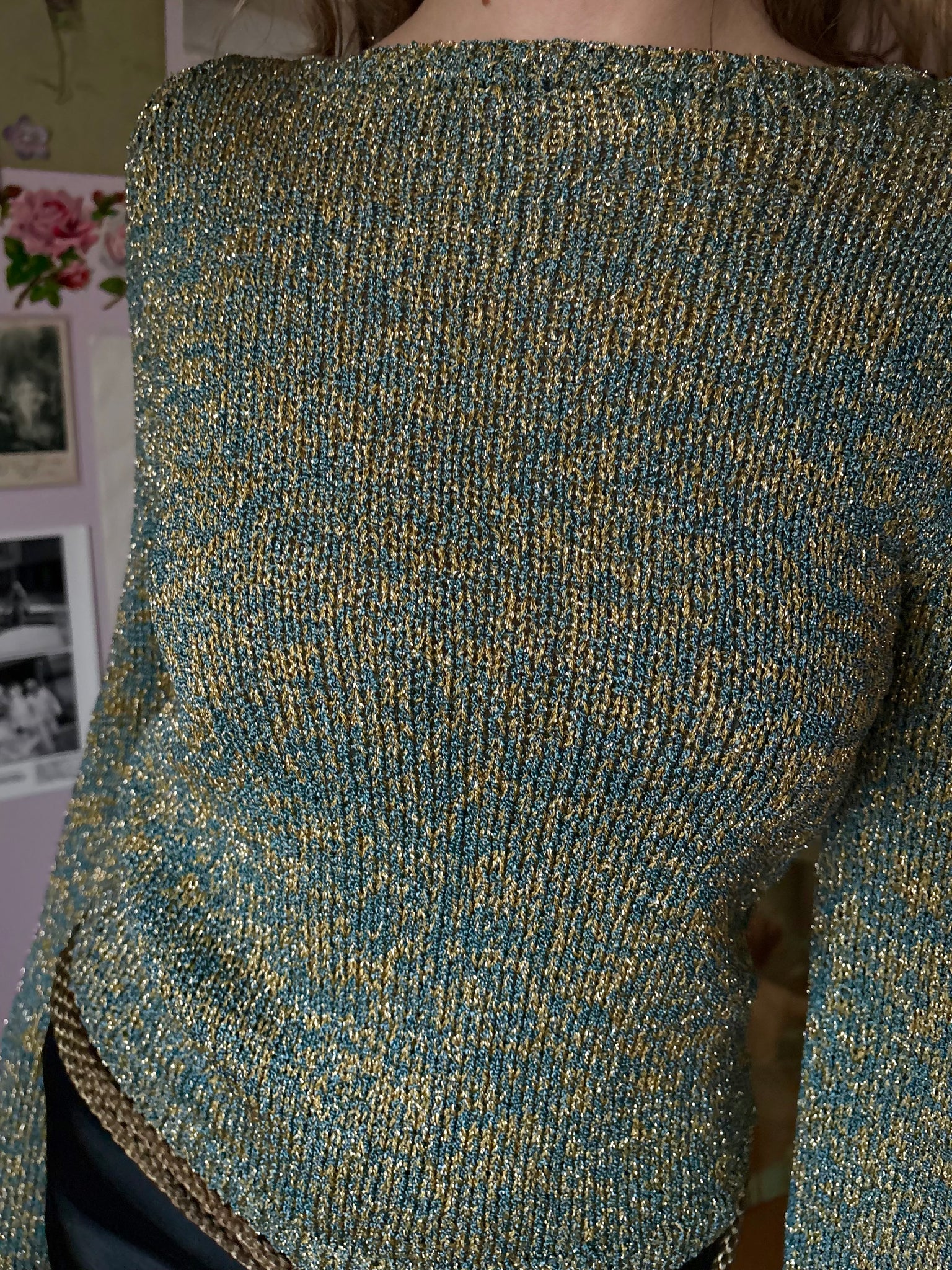 1970s Blue Teal Gold Glitter Lurex Knit Sweater