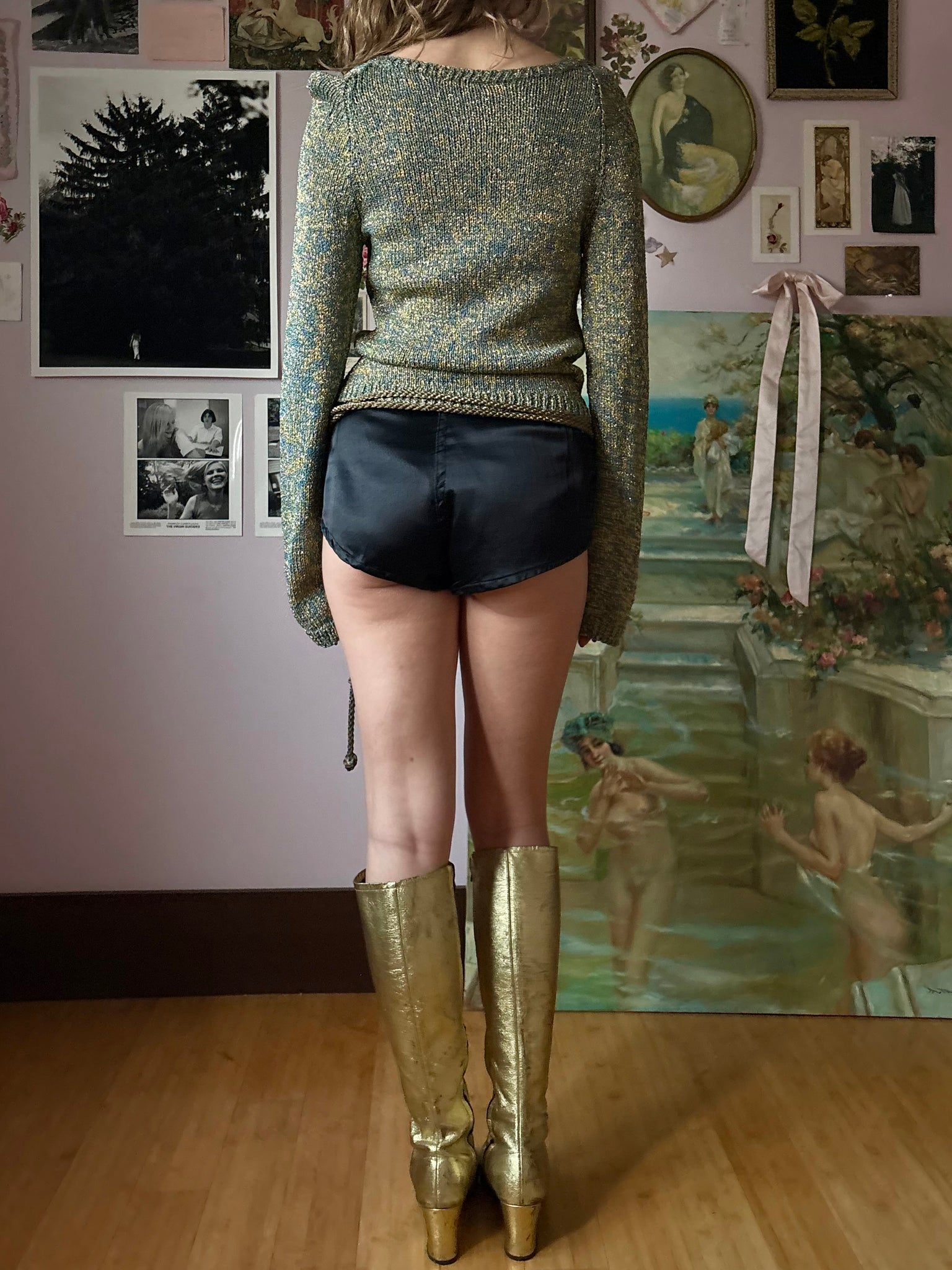 1970s Blue Teal Gold Glitter Lurex Knit Sweater