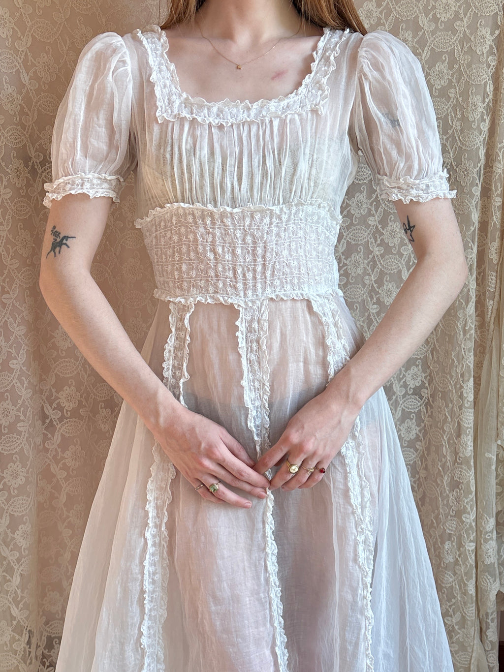 1930s Orgnaza Floral Embroidered Waist Lace Ruffle Sheer Puff Sleeve Bias Cut Dress Wedding Gown