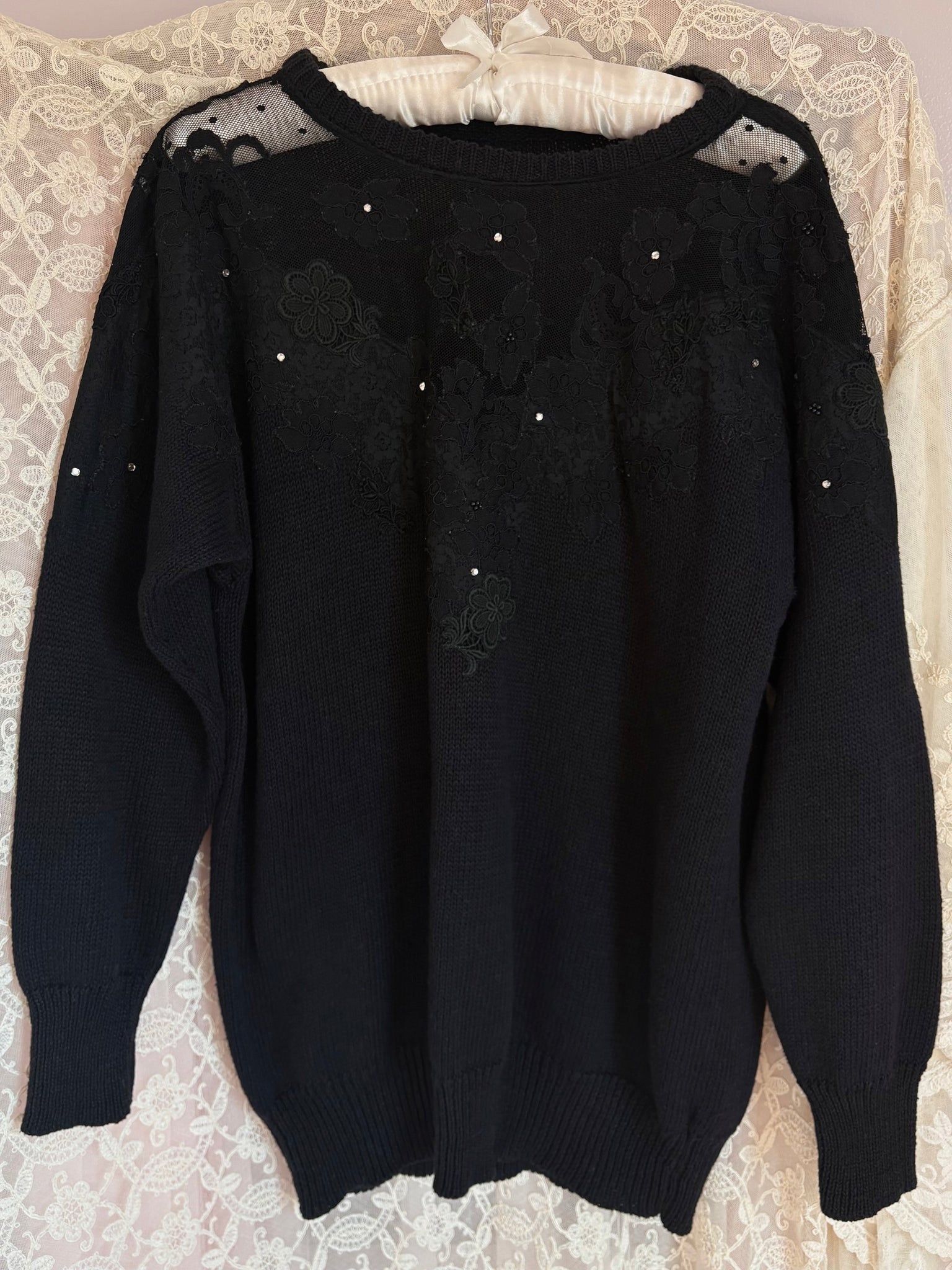 1980s Black Knit Sweater Sheer Sparkle Rhinestone