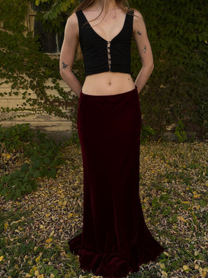 2000s Red Silk Velvet Ralph Lauren Maxi Skirt