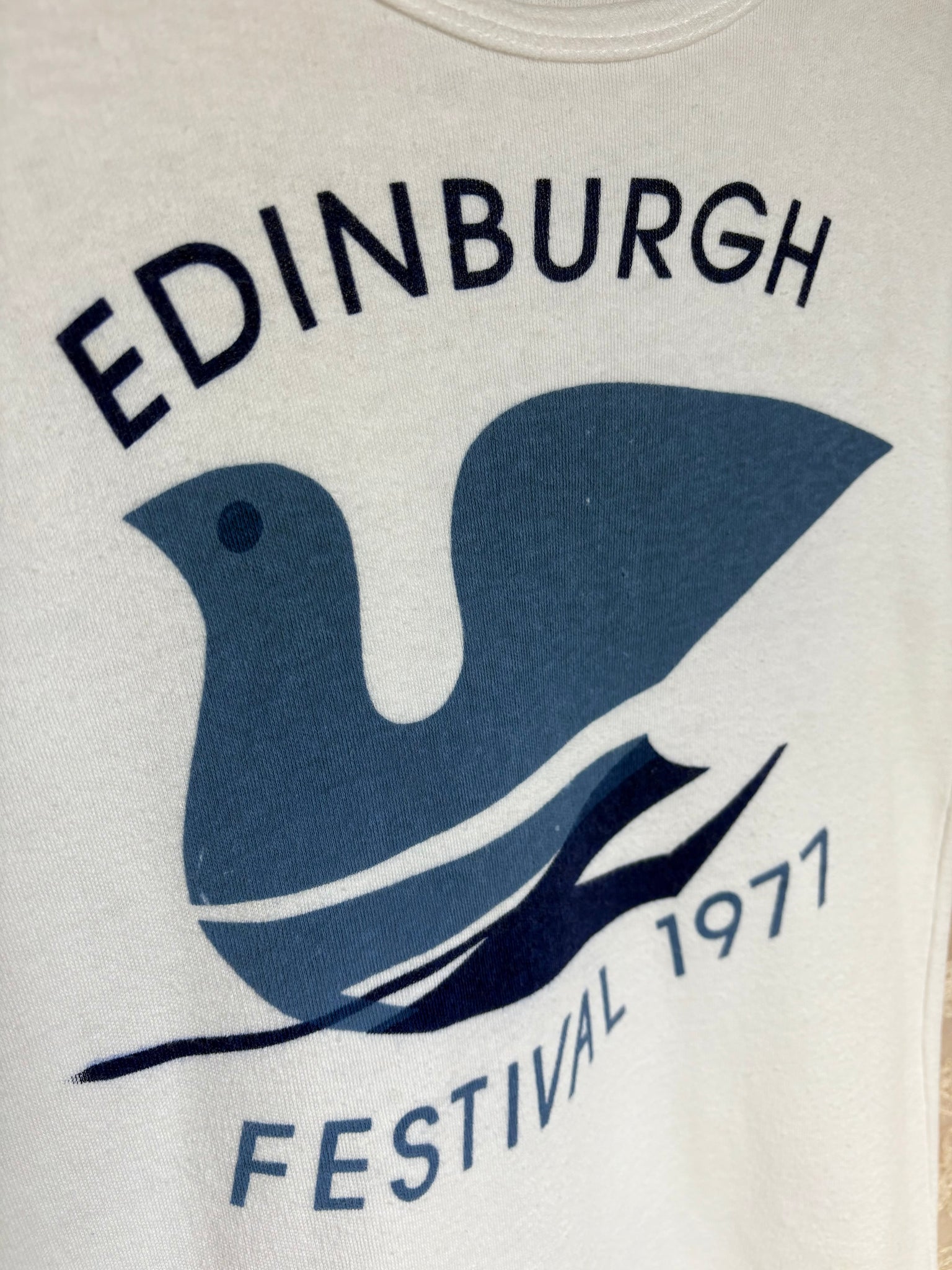 1970s Music Festival Print Edinburgh White Bird Blue Tee French Cut T Shirt