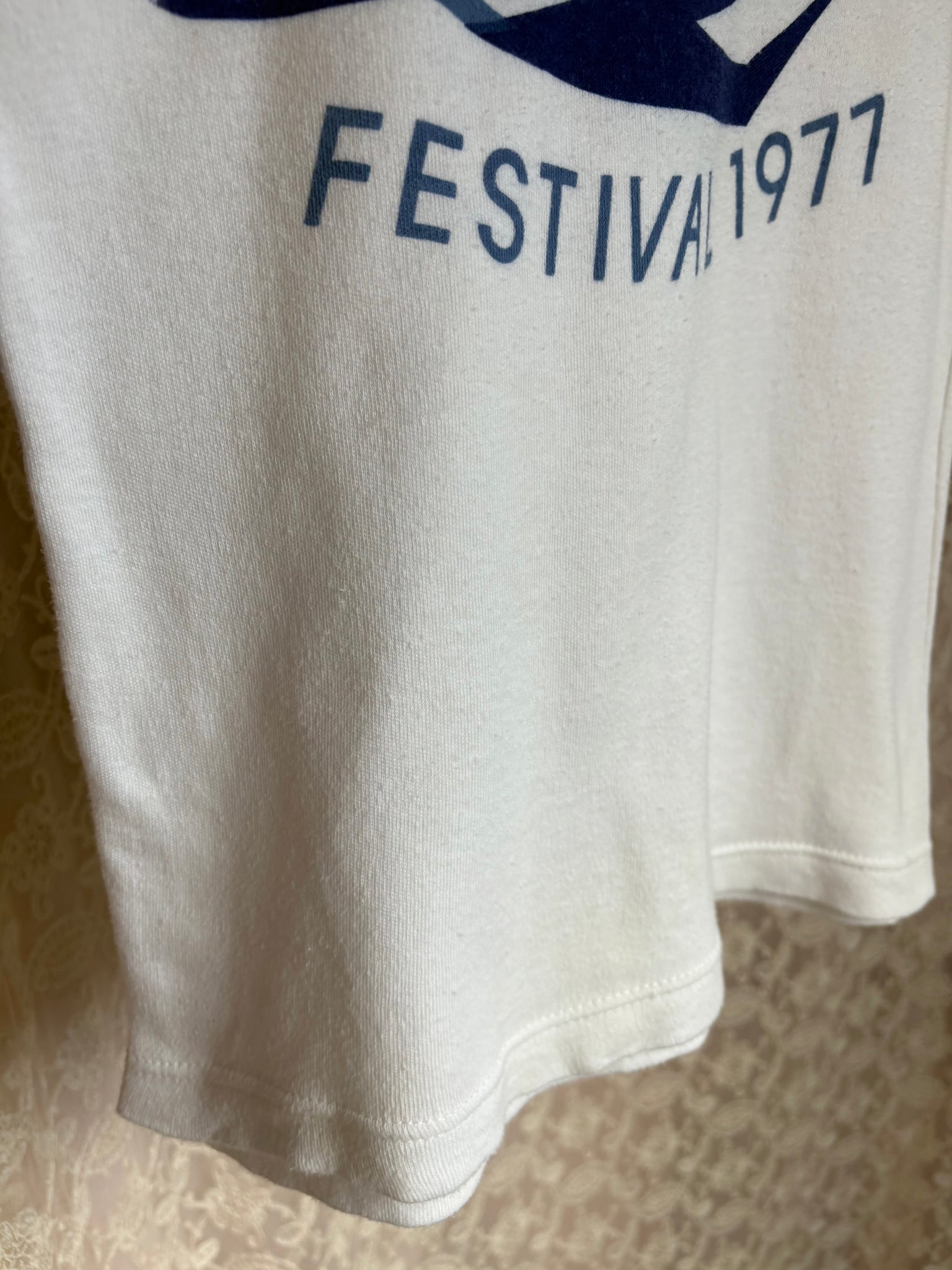 1970s Music Festival Print Edinburgh White Bird Blue Tee French Cut T Shirt