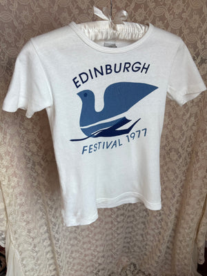 1970s Music Festival Print Edinburgh White Bird Blue Tee French Cut T Shirt