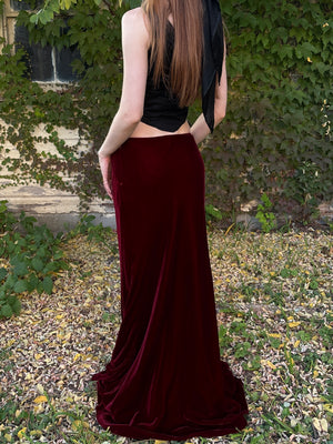 2000s Red Silk Velvet Ralph Lauren Maxi Skirt