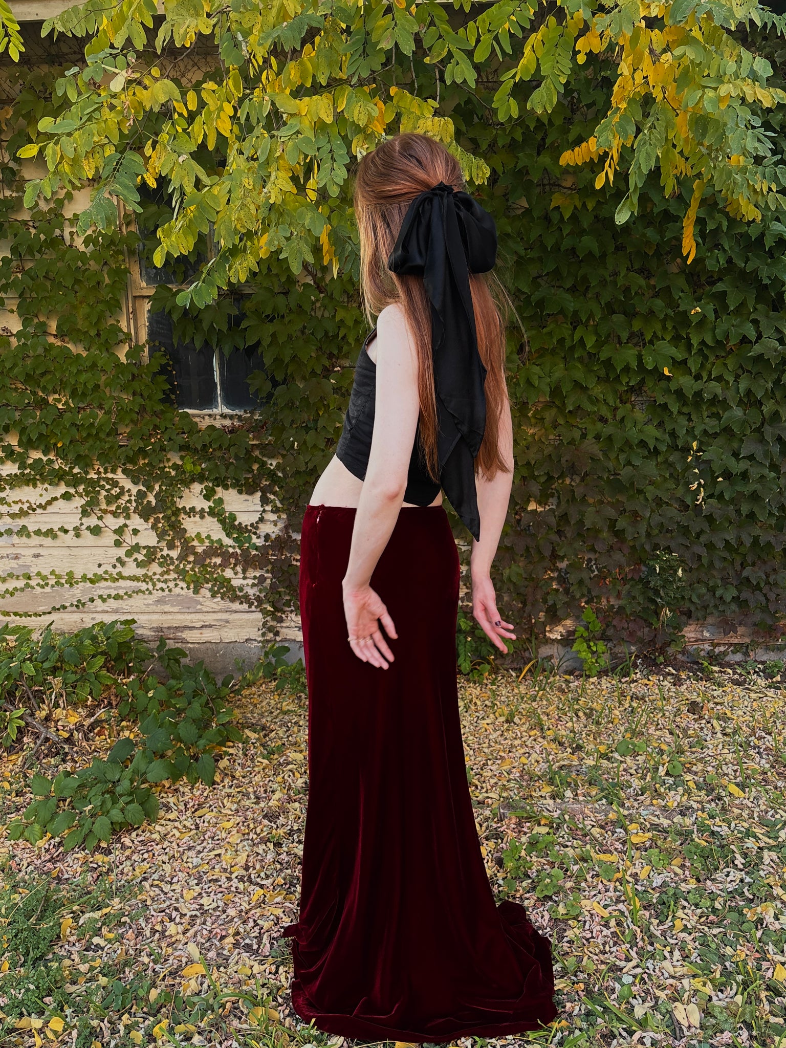 2000s Red Silk Velvet Ralph Lauren Maxi Skirt