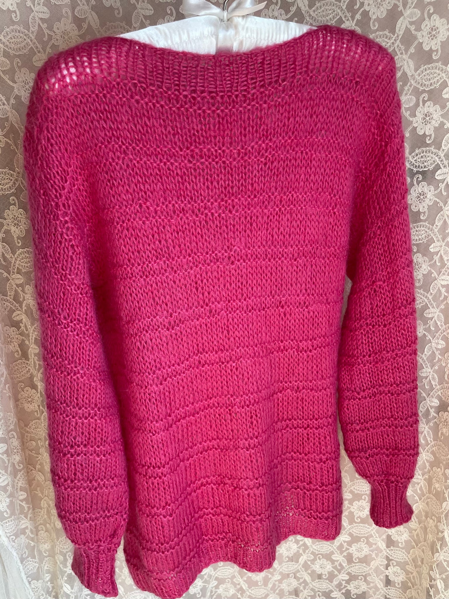 1980s Hot Pink Fuschia Mohair Wool Knit Sweater Pullover Balloon Sleeves