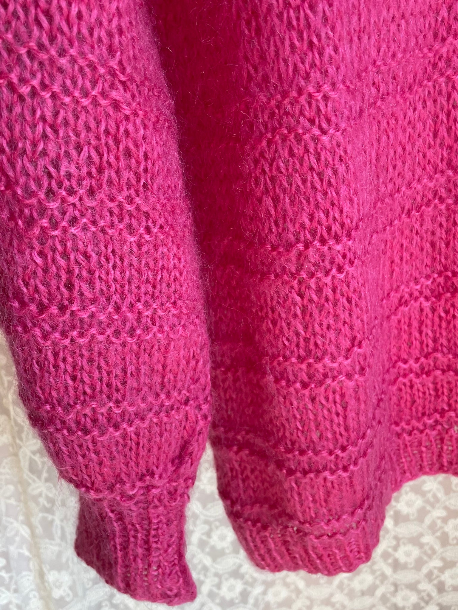 1980s Hot Pink Fuschia Mohair Wool Knit Sweater Pullover Balloon Sleeves