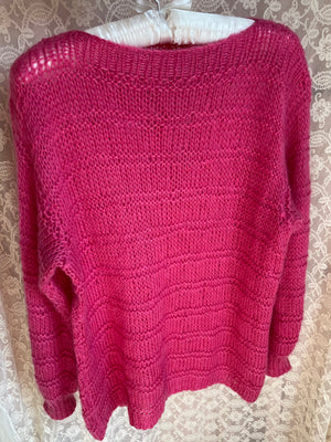 1980s Hot Pink Fuschia Mohair Wool Knit Sweater Pullover Balloon Sleeves