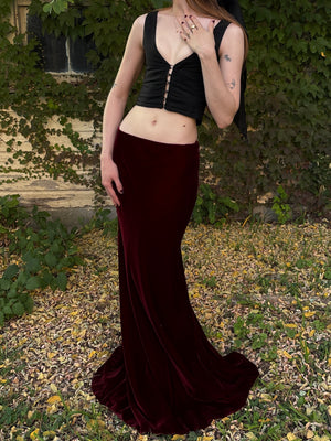 2000s Red Silk Velvet Ralph Lauren Maxi Skirt