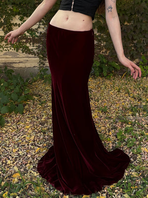 2000s Red Silk Velvet Ralph Lauren Maxi Skirt