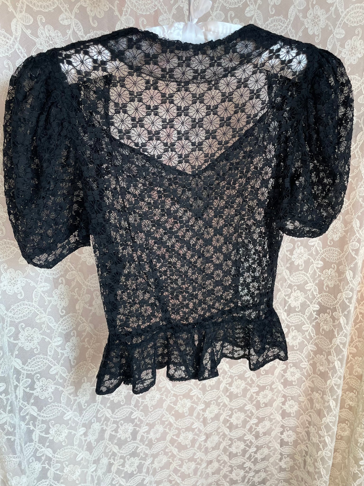 1930s Spiderweb Lace Black Blouse Puff Sleeves Peplum