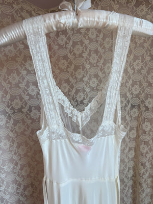 1940s White Bow Bias Cut Slip Rayon Sheer Mesh Lace Trim Dress