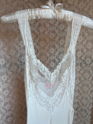 1940s White Bow Bias Cut Slip Rayon Sheer Mesh Lace Trim Dress