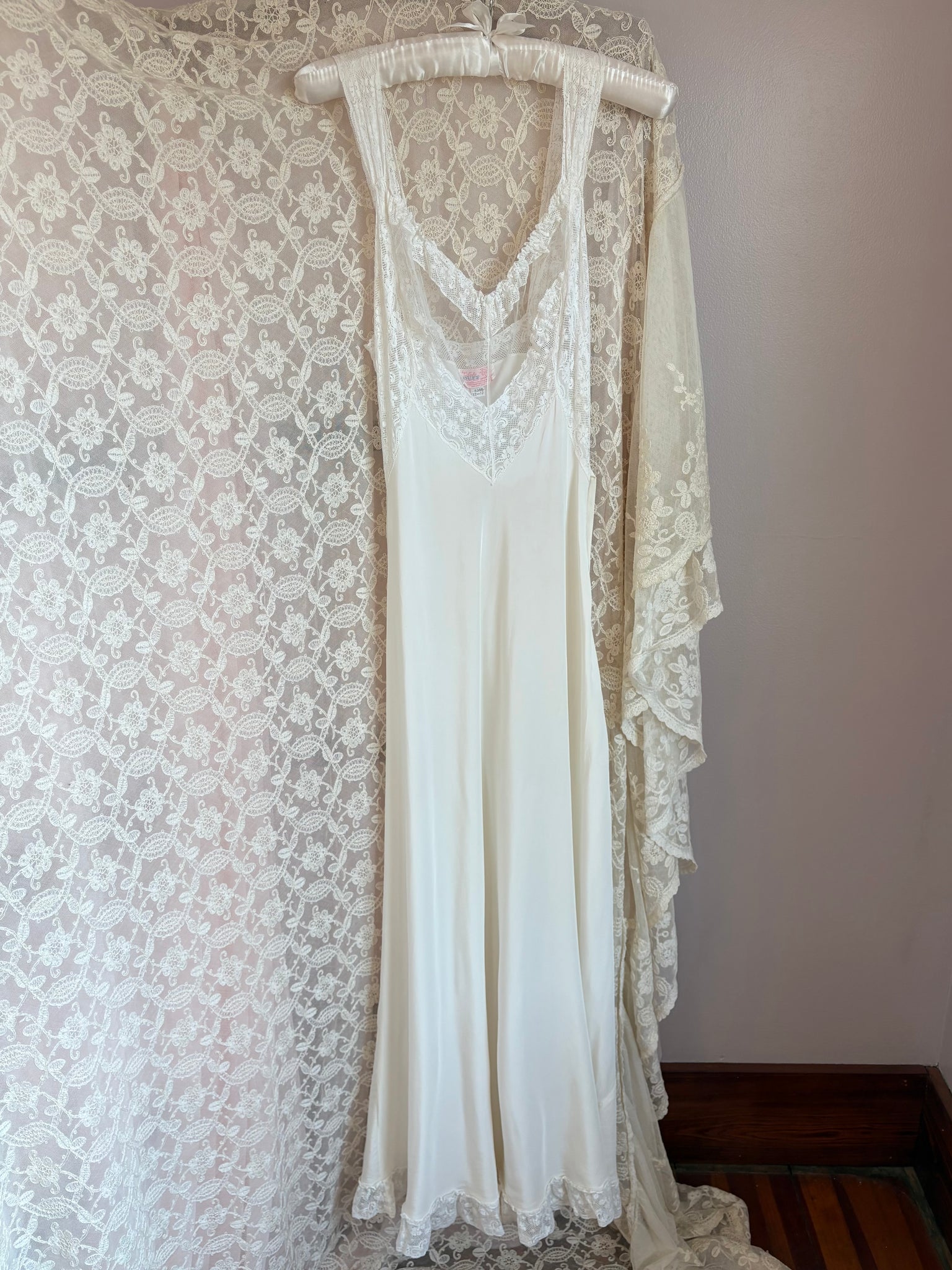 1940s White Bow Bias Cut Slip Rayon Sheer Mesh Lace Trim Dress