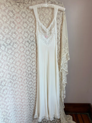 1940s White Bow Bias Cut Slip Rayon Sheer Mesh Lace Trim Dress