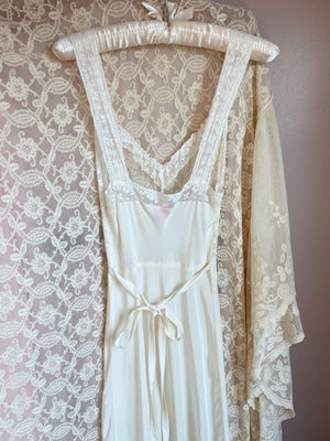 1940s White Bow Bias Cut Slip Rayon Sheer Mesh Lace Trim Dress