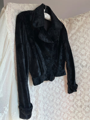 1950s Black Faux Fur Cropped Coat Jacket Buttons Belt