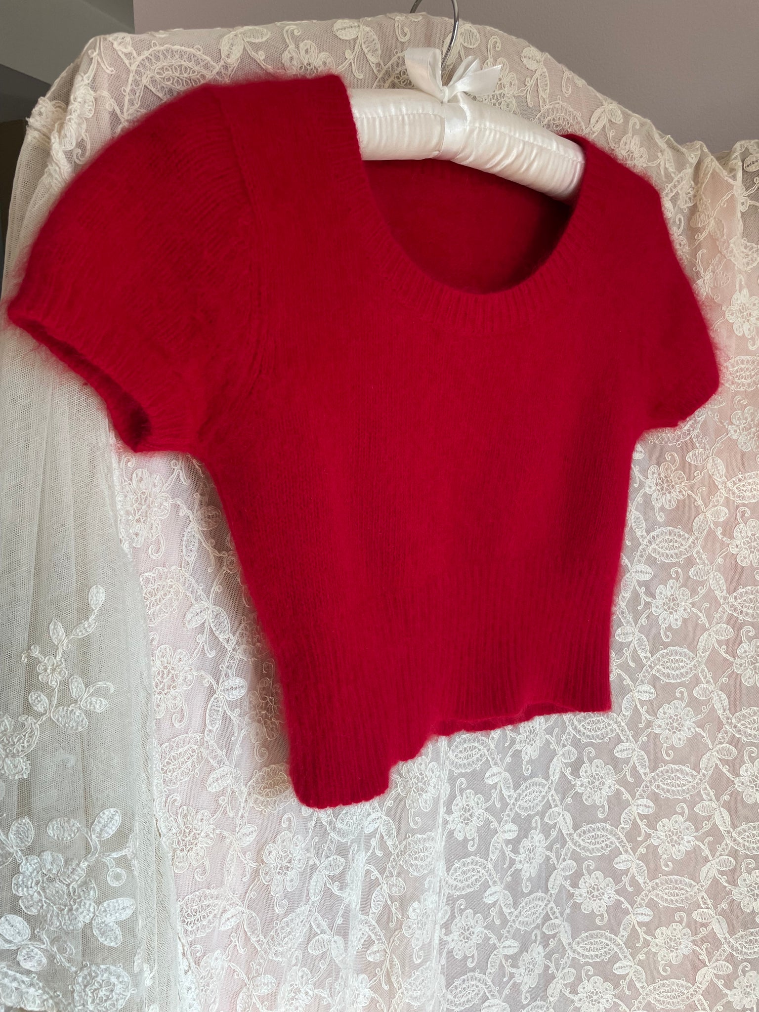 1980s Red Angora Fuzzy Knit Sweater Cropped Short Sleeve