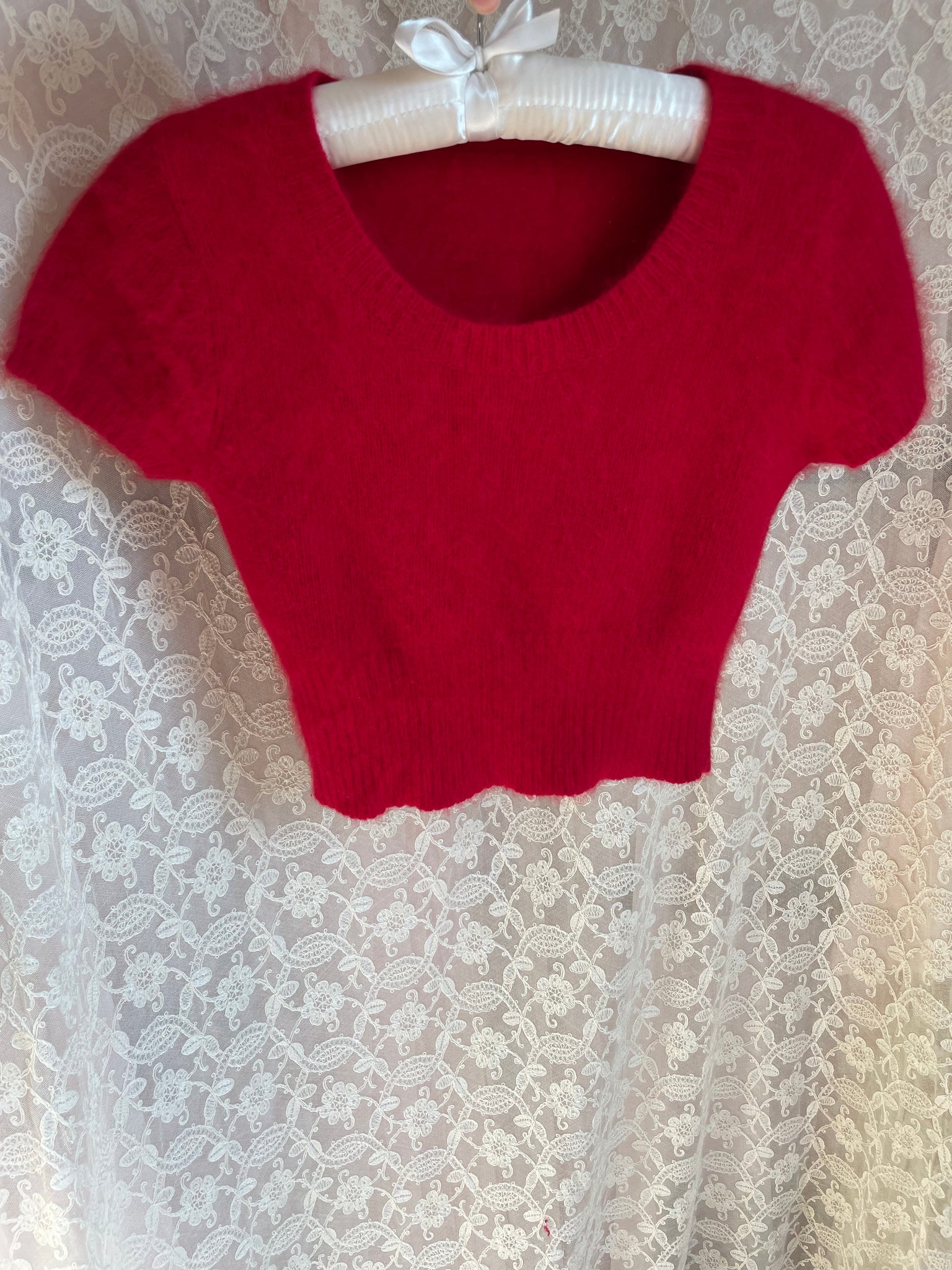 1980s Red Angora Fuzzy Knit Sweater Cropped Short Sleeve