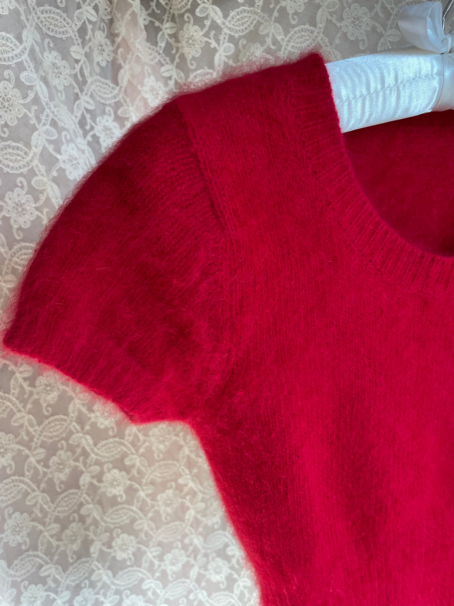 1980s Red Angora Fuzzy Knit Sweater Cropped Short Sleeve