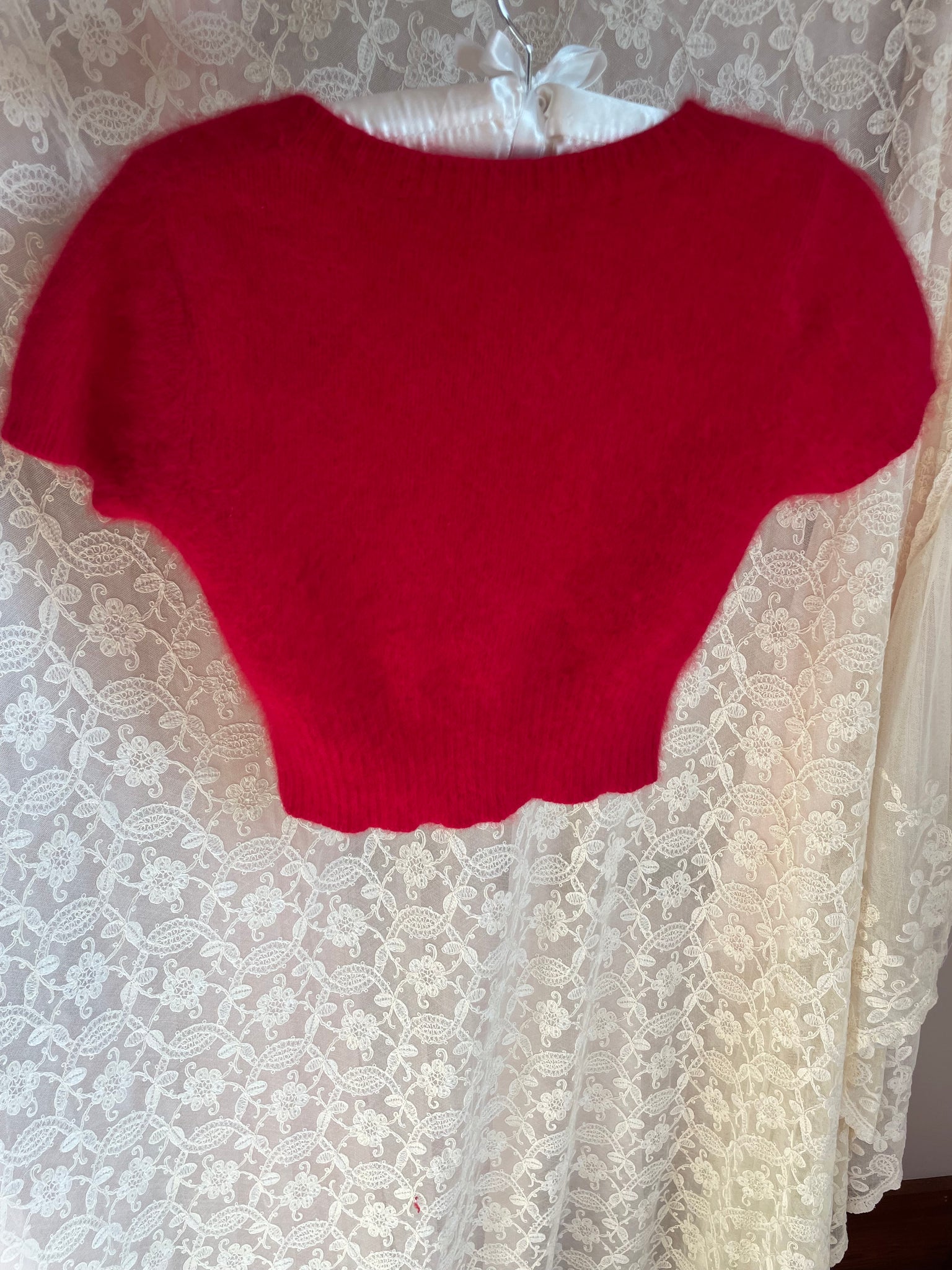 1980s Red Angora Fuzzy Knit Sweater Cropped Short Sleeve