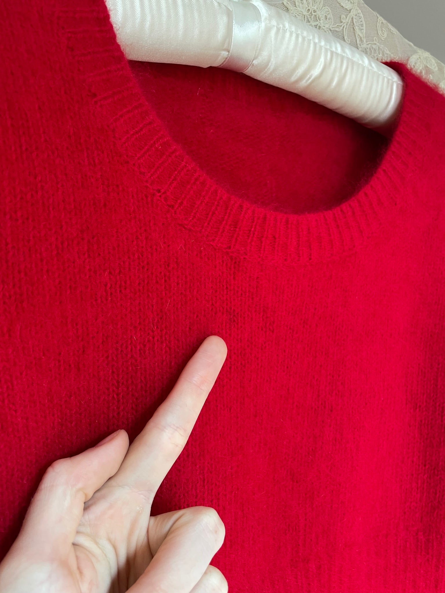 1980s Red Angora Fuzzy Knit Sweater Cropped Short Sleeve