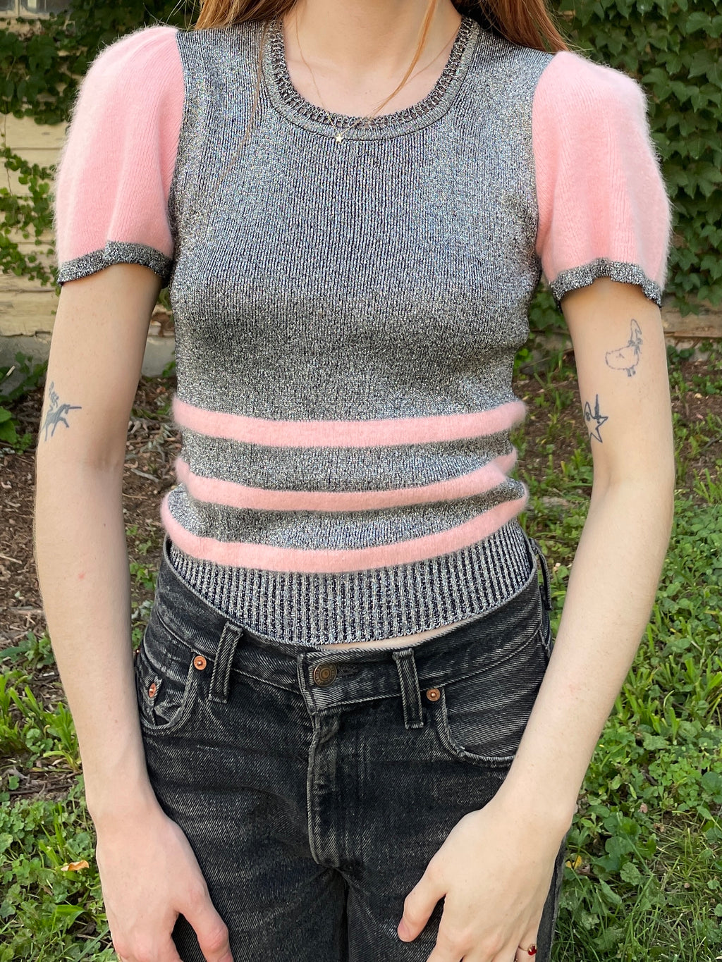 1980s Pink Angora Fuzzy Knit Sweater Stripe Black Silver Lurex