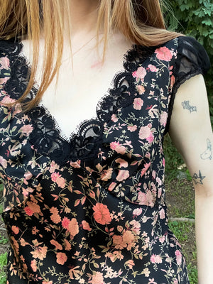 2000s Betsey Johnson Satin Blouse Black Floral Sheer Puff Sleeves Breath Of the Earth 2000s Betsey Johnson Satin Blouse Black Floral Sheer Puff Sleeves Breath Of the Earth