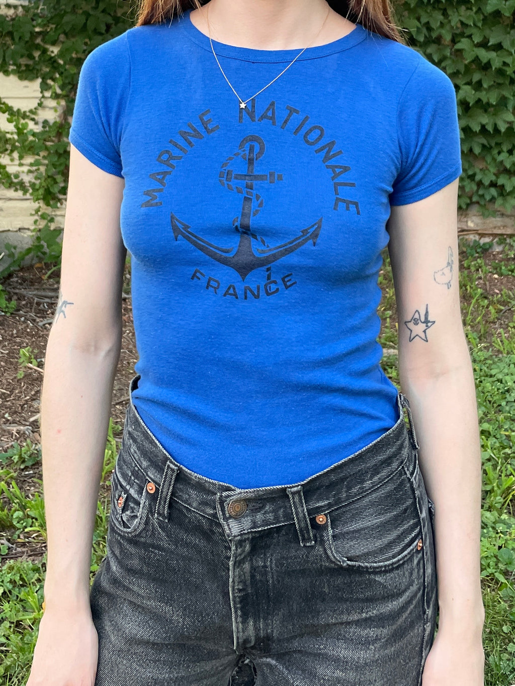 1970s Blue French Cut Anchor Marine Nationale Tee T Shirt