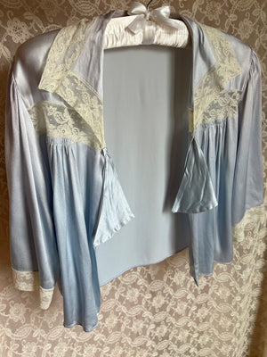 1940s Baby Blue Rayon Satin Bed Jacket Lace Trim Collar