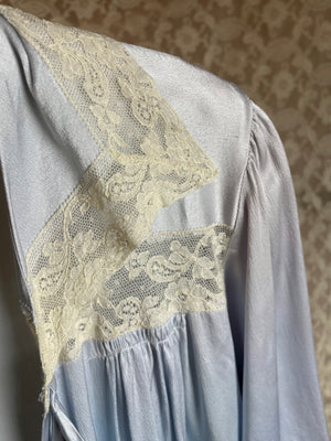 1940s Baby Blue Rayon Satin Bed Jacket Lace Trim Collar