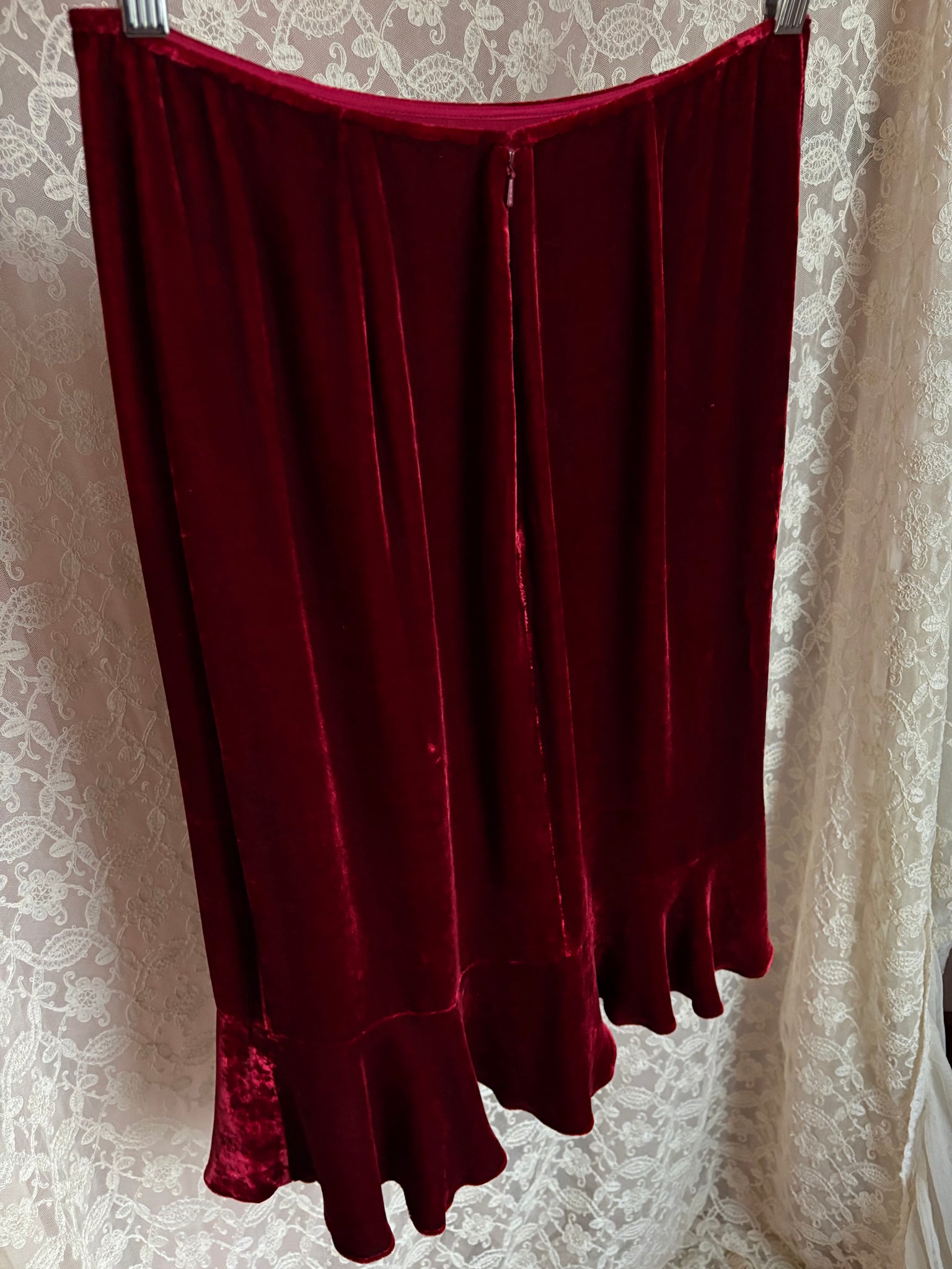 1990s Red Silk Velvet Ruffle Skirt