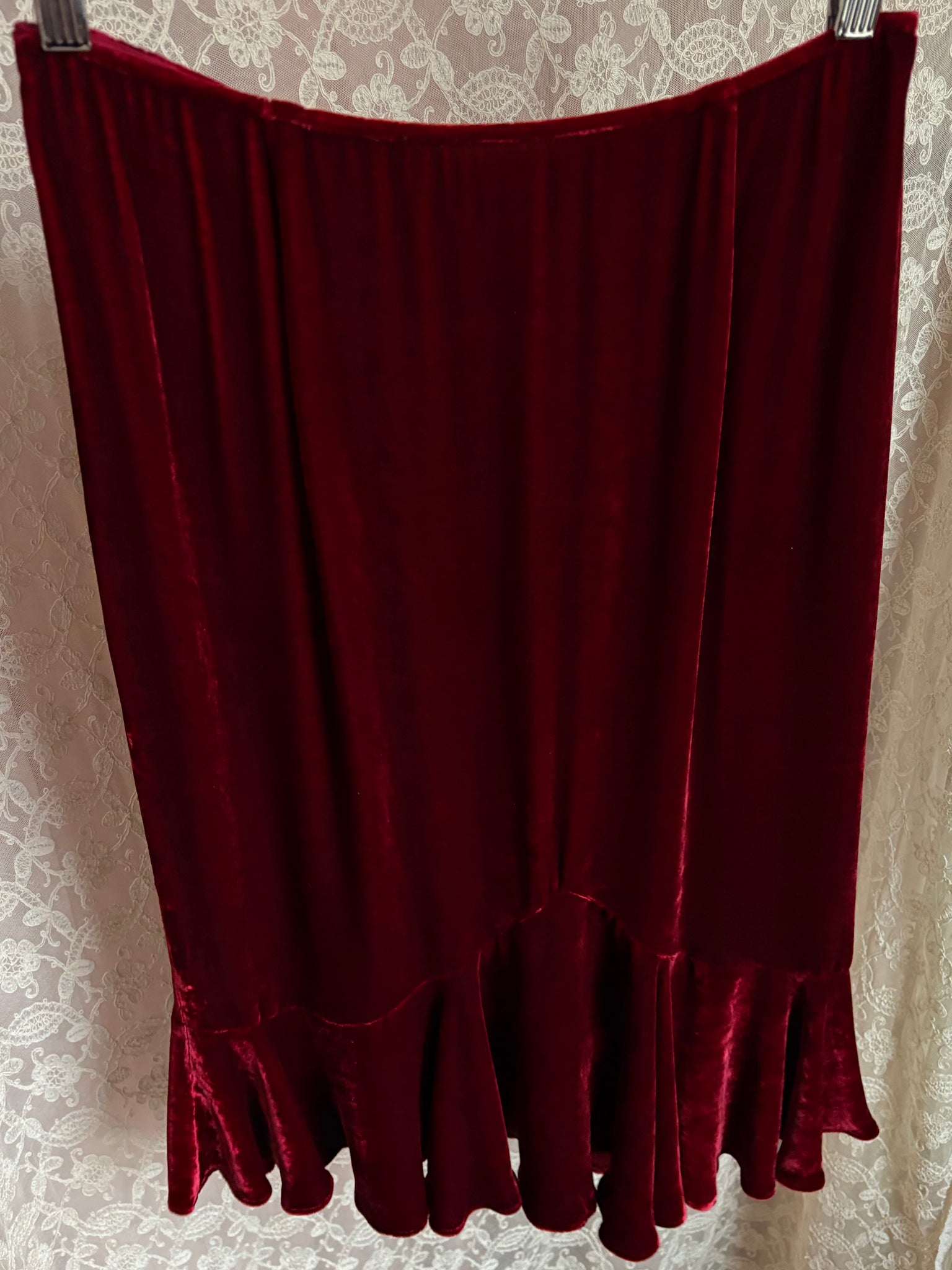 1990s Red Silk Velvet Ruffle Skirt