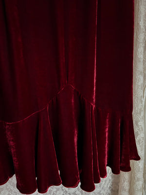 1990s Red Silk Velvet Ruffle Skirt