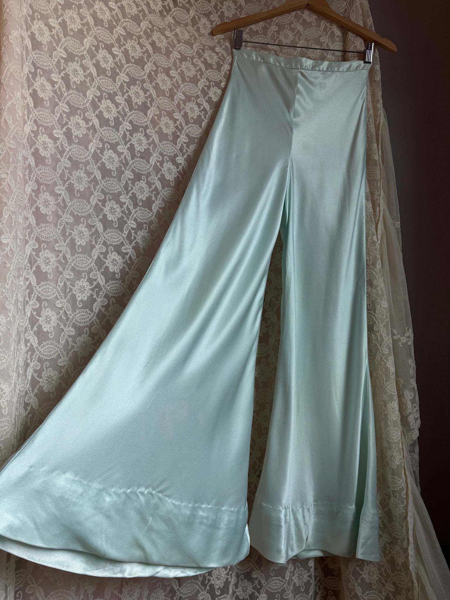 1970s Light Blue Satin Pants Wide Leg