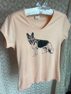 1970s Peach Black Dog German Shepard Tee T Shirt