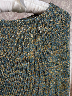 1970s Blue Teal Gold Glitter Lurex Knit Sweater