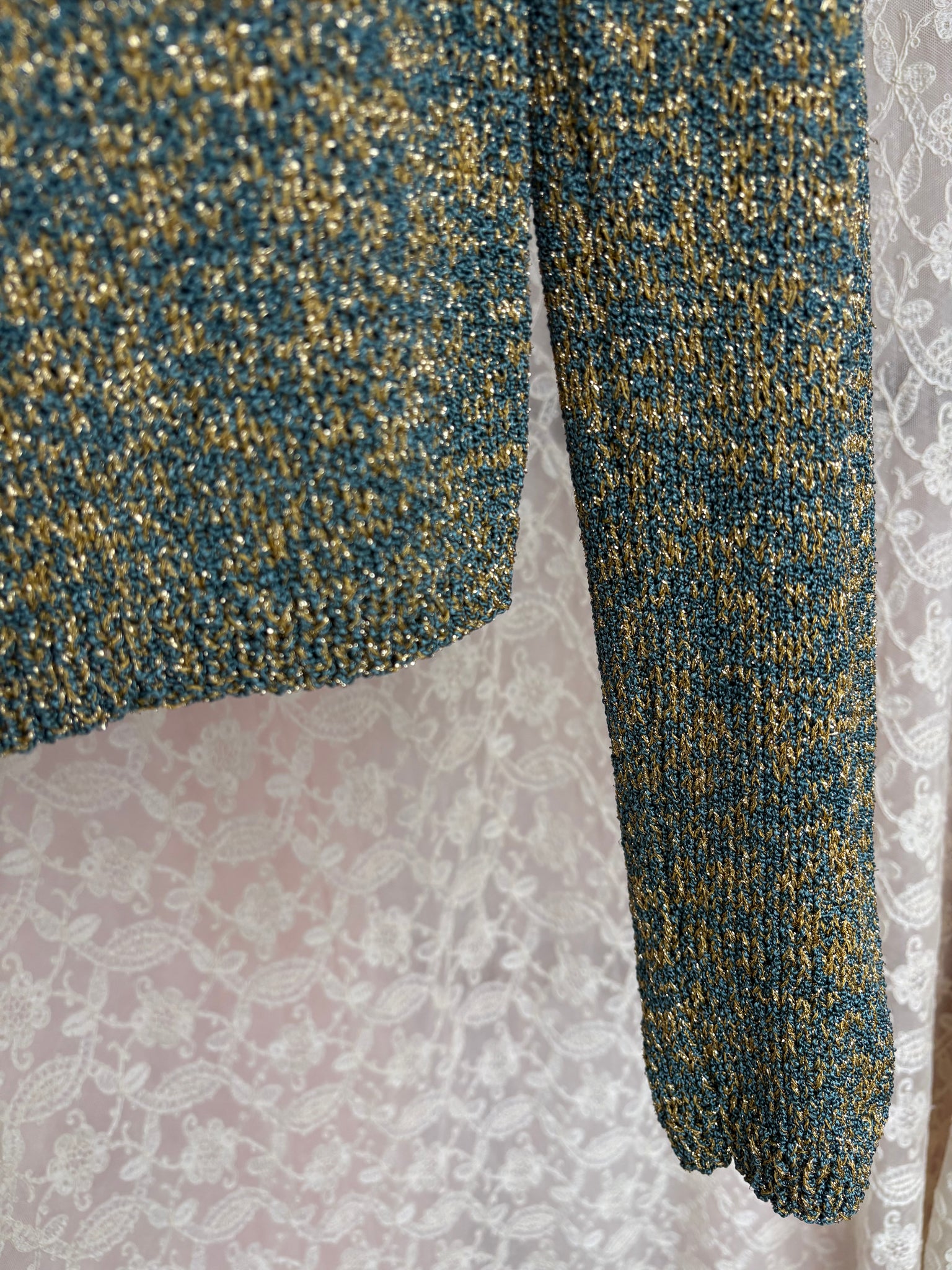 1970s Blue Teal Gold Glitter Lurex Knit Sweater