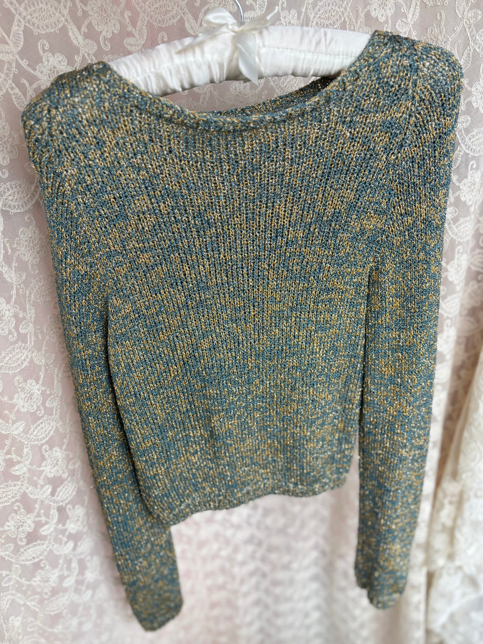 1970s Blue Teal Gold Glitter Lurex Knit Sweater