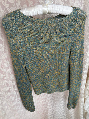 1970s Blue Teal Gold Glitter Lurex Knit Sweater