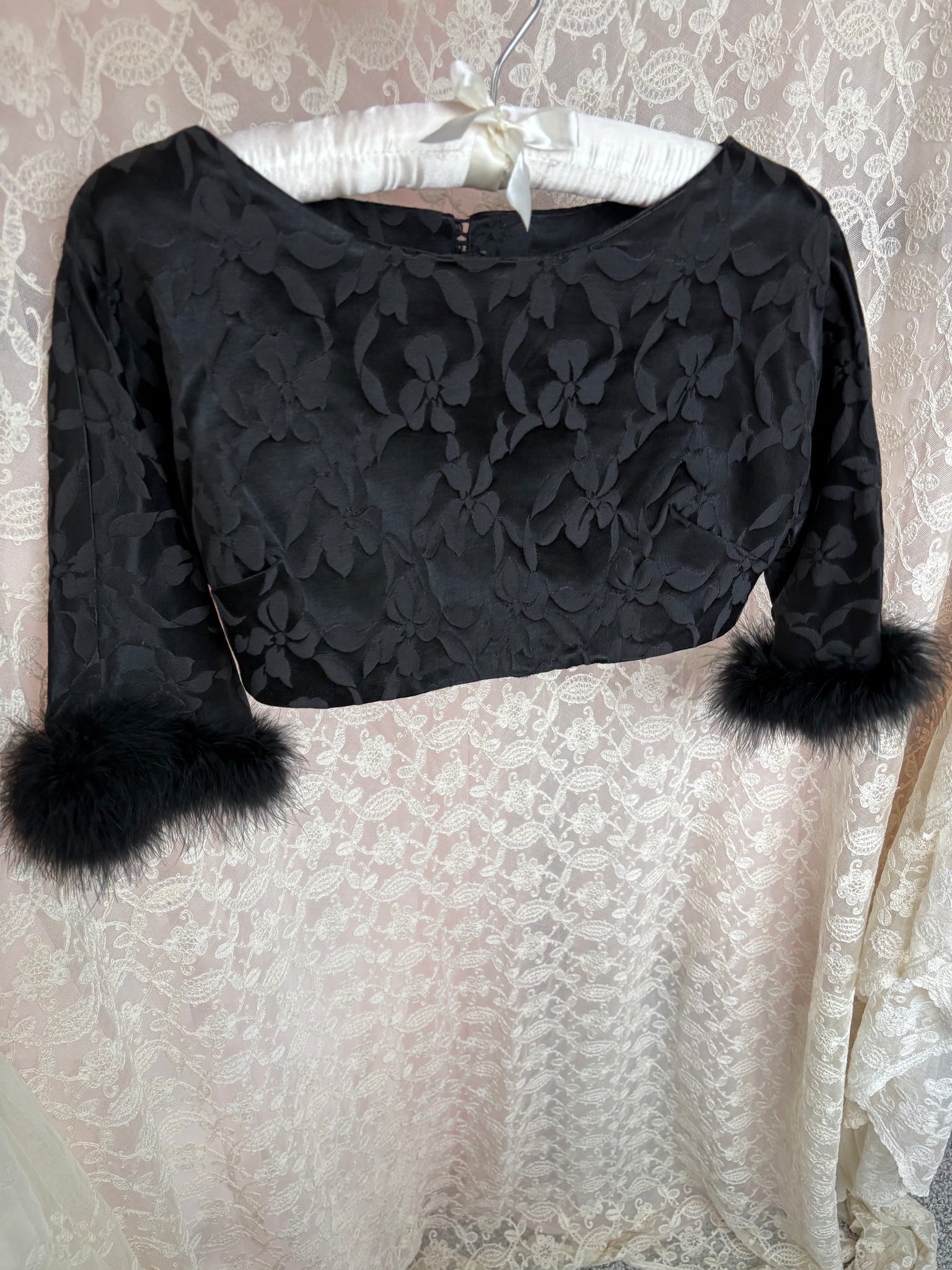 1960s Black Marabou Feather Trim Floral Brocade Crop Blouse