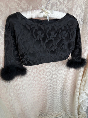 1960s Black Marabou Feather Trim Floral Brocade Crop Blouse