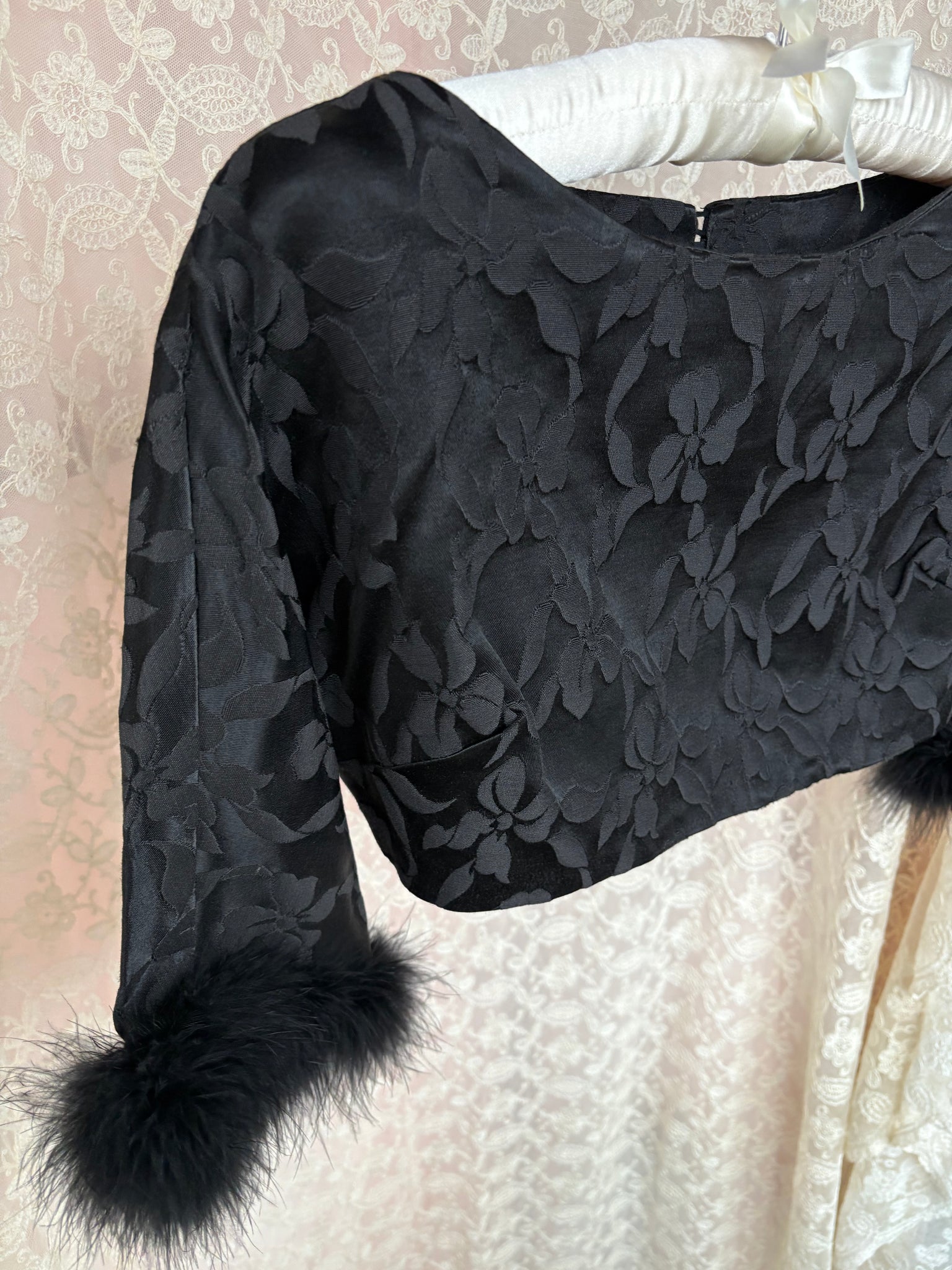 1960s Black Marabou Feather Trim Floral Brocade Crop Blouse