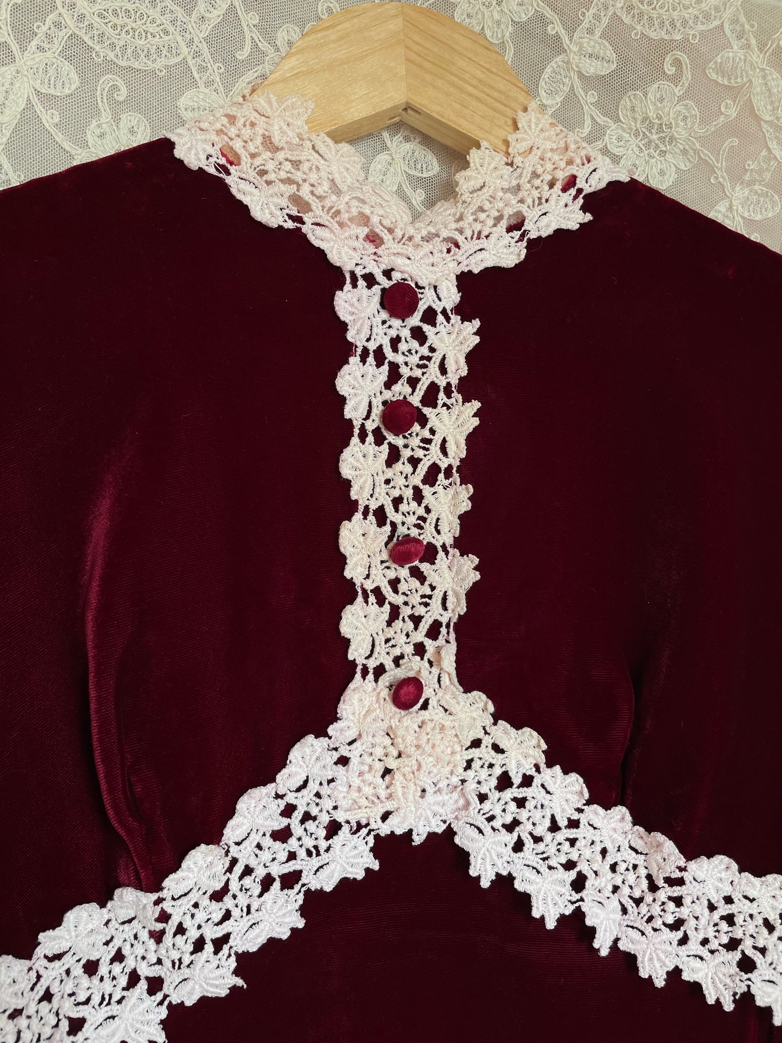 1970s Maroon Velvet Mini Dress Long Sleeves Cream Lace Trim