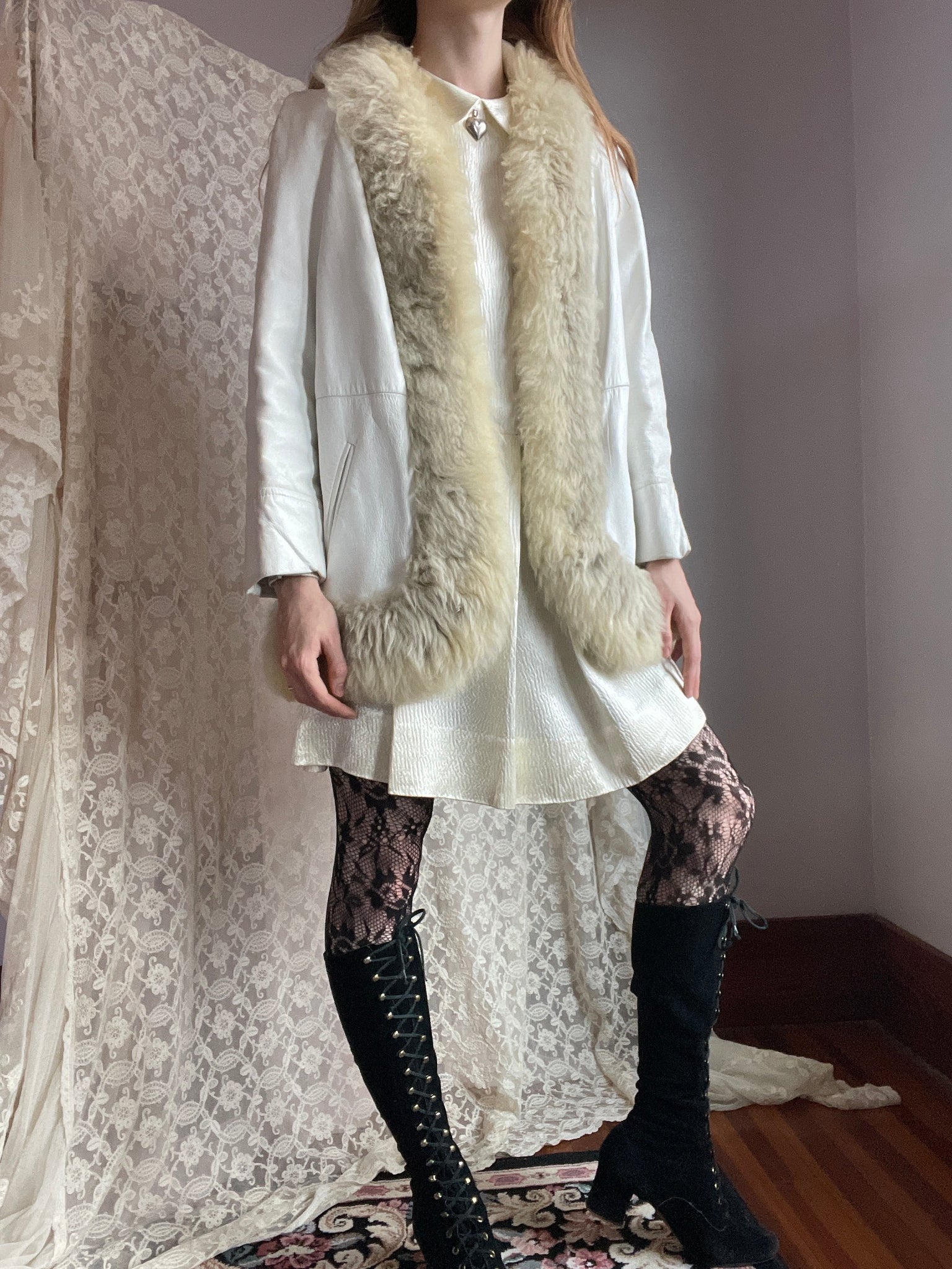 1960s White Leather Fur Coat Trimmed