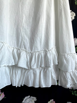 1900s White Cotton Skirt Petticoat Ruffle Hem Drawstring Ribbon Waist