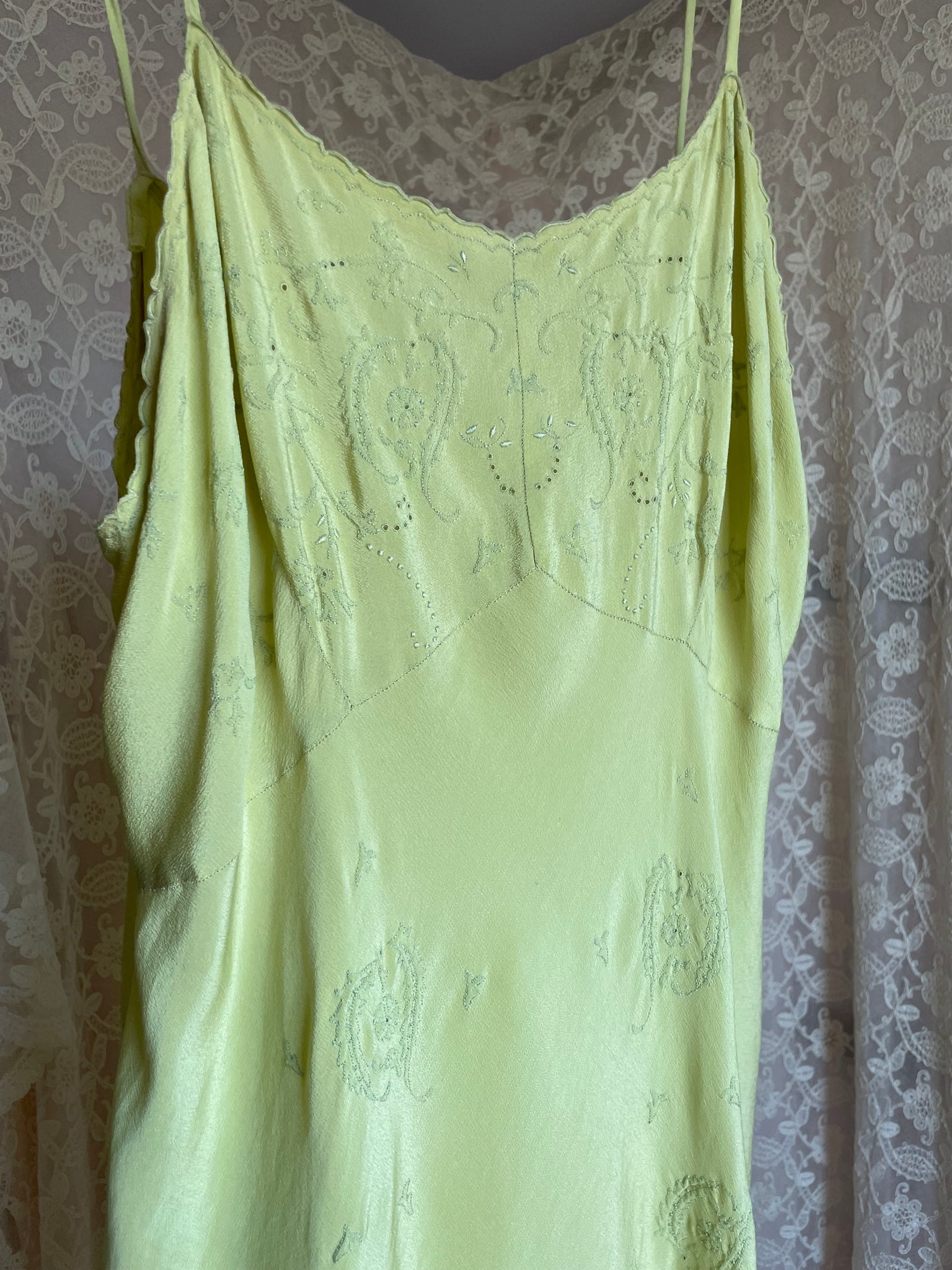 1930s Chartuese Green Silk Hand Embroidered Slip Dress