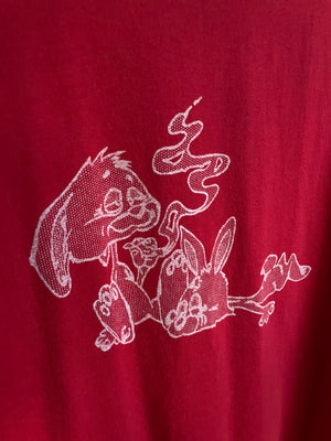 1970s Stoned Smoking Bunnies Novelty Print Red Tee T Shirt