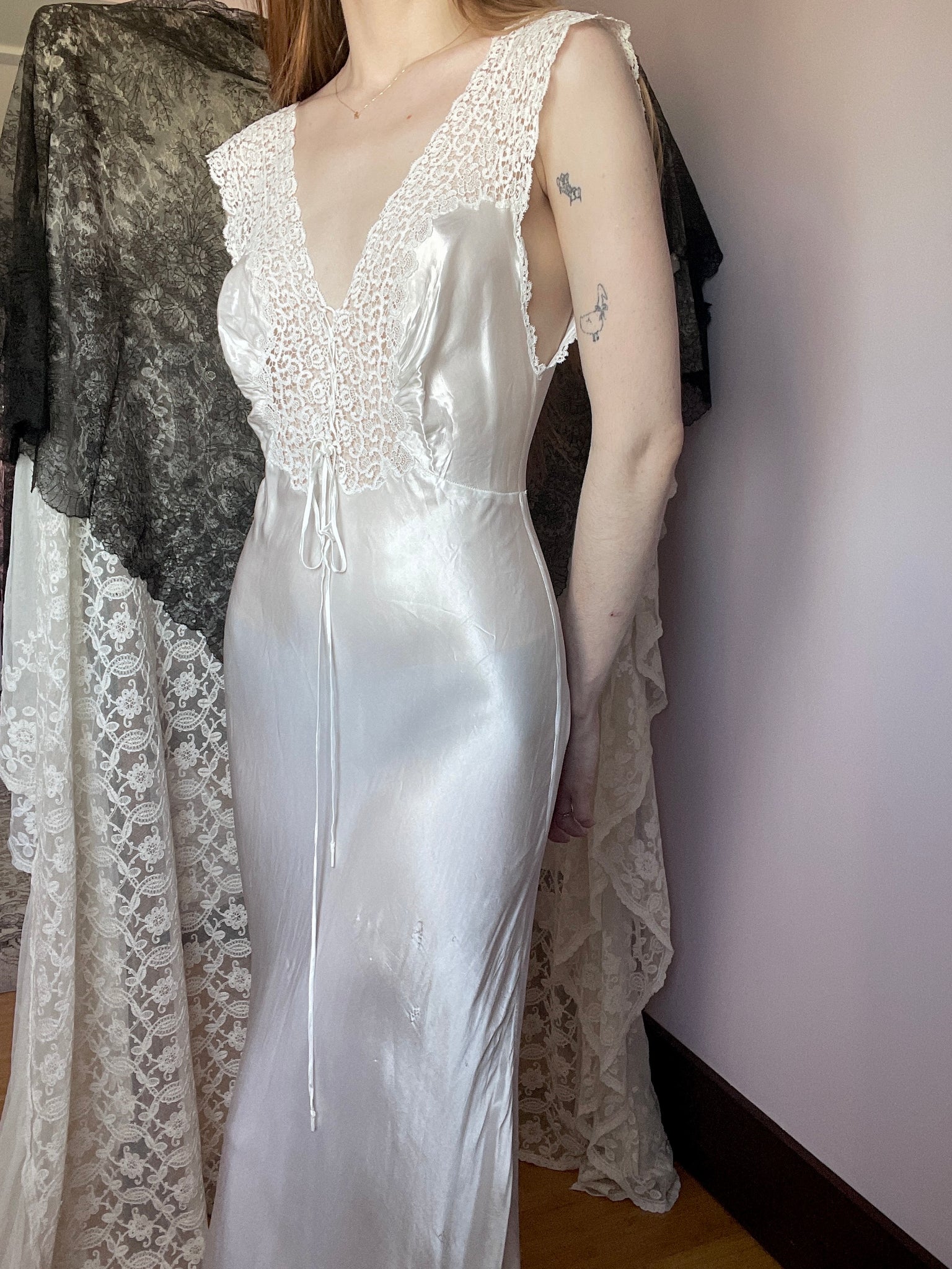 1930s Lace Up Crochet White Satin Bias Cut Slip Dress